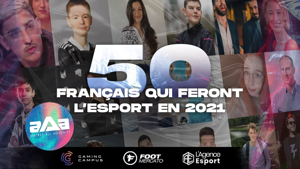 Photos du logo des 50 français qui feront l'esport en 2021 avec des photos de plusieurs lauréats