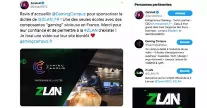 Tweet de ZeratoR sur le partenariat ZLAN Gaming Campus