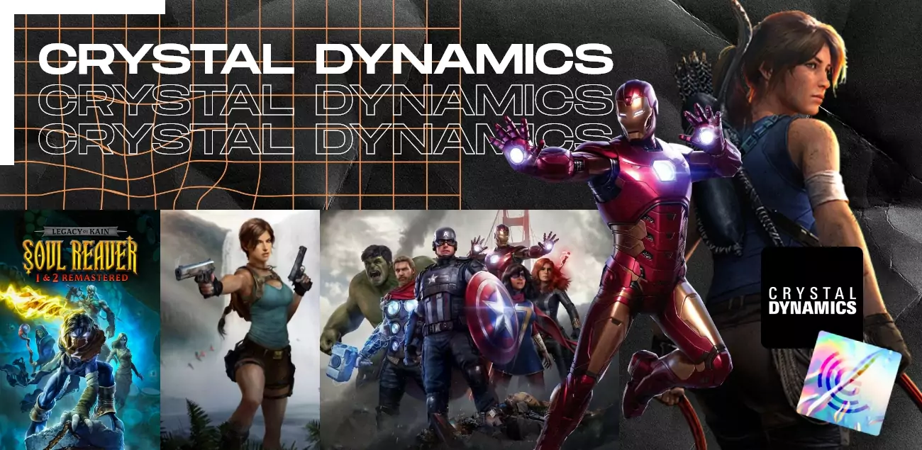 Logo Crystal Dynamics, le studio de jeux vidéo avec des images de ses jeux