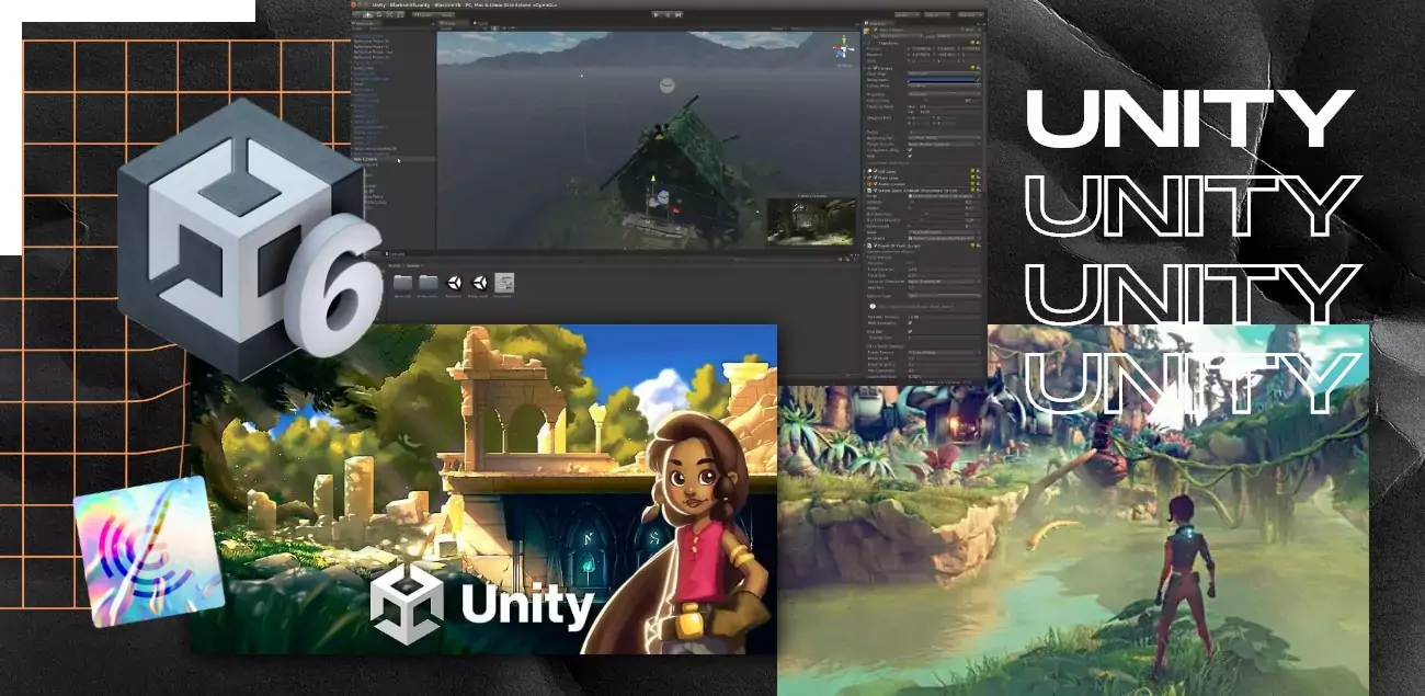 Logo de Unity et visuels de jeux créés avec le logiciel Unity