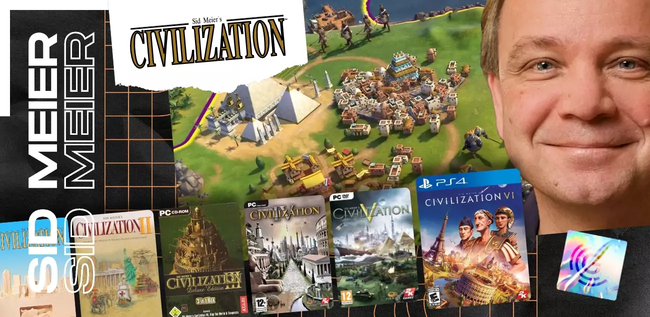 Photo de Sid Meier et des jeux vidéo qu'il a créé