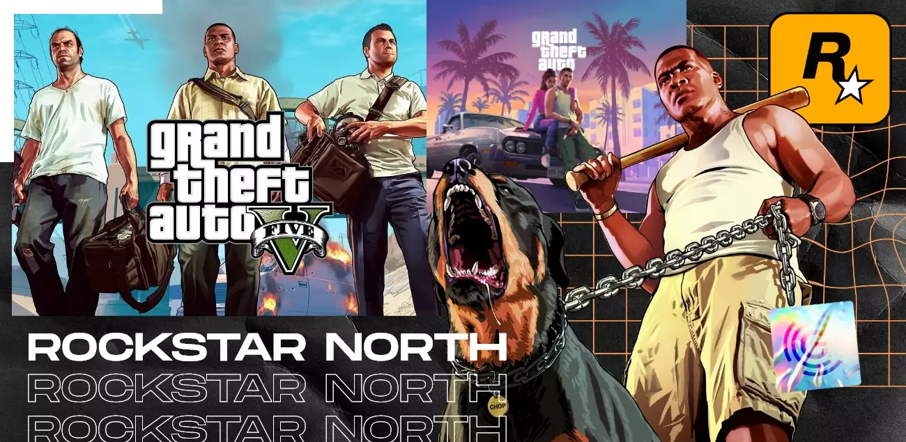 Logo Rockstar north et image des jeux créés par le studio, notamment GTA