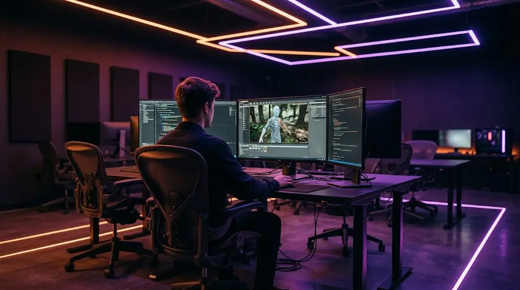 Étudiant en formation jeu vidéo travaillant sur un moteur temps réel, compétences transposables hors du jeu vidéo