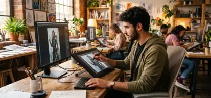 Un dessinateur travaille sur une tablette graphique connectée à un ordinateur, dans un studio créatif